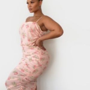 PLT- Plus Nude Floral Ruching Strappy Midaxi dress